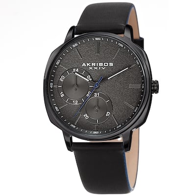 Akribos XXIV Men's Date Grained Dial Black Leather Strap Watch