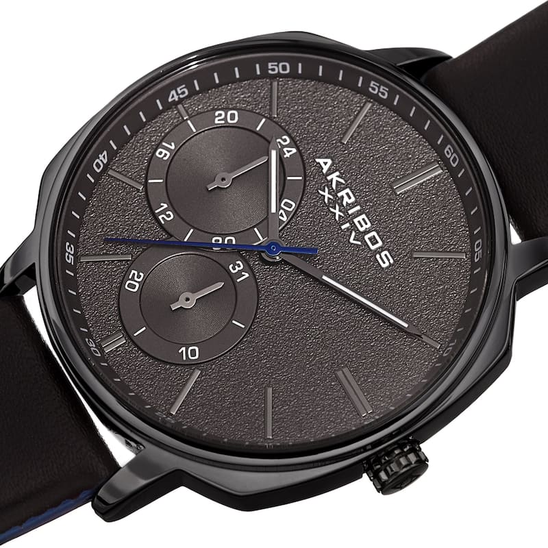 Akribos XXIV Men's Date Grained Dial Black Leather Strap Watch