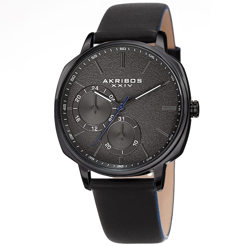 Akribos XXIV Men's Date Grained Dial Black Leather Strap Watch