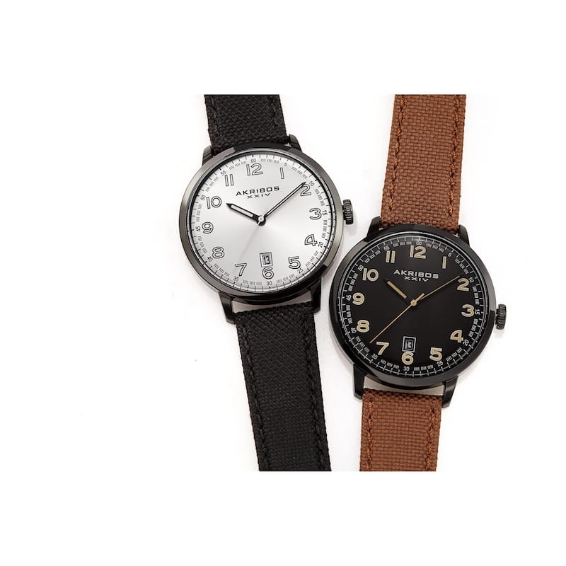 Akribos XXIV Men's Date Brown Canvas Leather Strap Watch