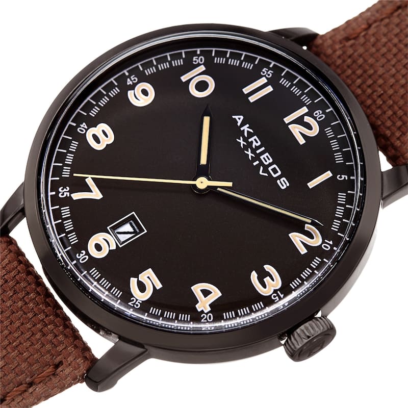 Akribos XXIV Men's Date Brown Canvas Leather Strap Watch