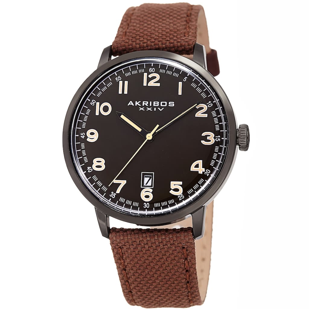 Akribos XXIV Men's Date Brown Canvas Leather Strap Watch