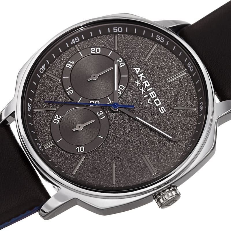 Akribos XXIV Men's Date Grained Dial Black Leather Strap Watch