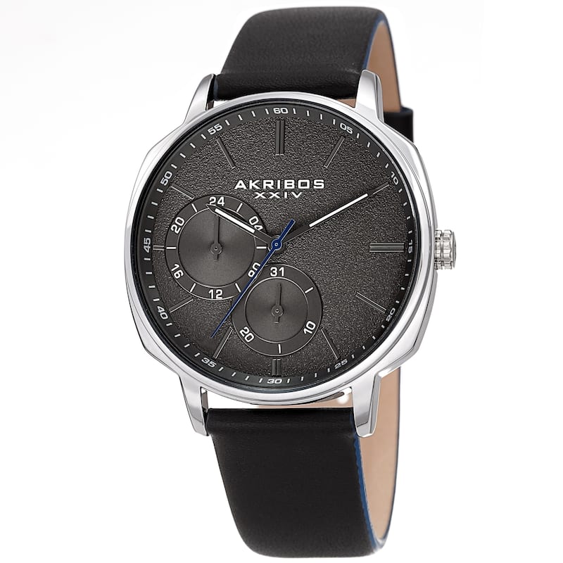 Akribos XXIV Men's Date Grained Dial Black Leather Strap Watch