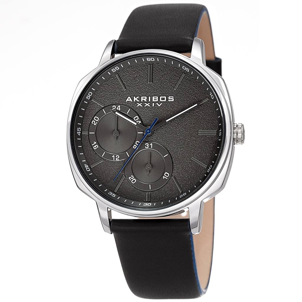Akribos XXIV Men's Date Grained Dial Black Leather Strap Watch