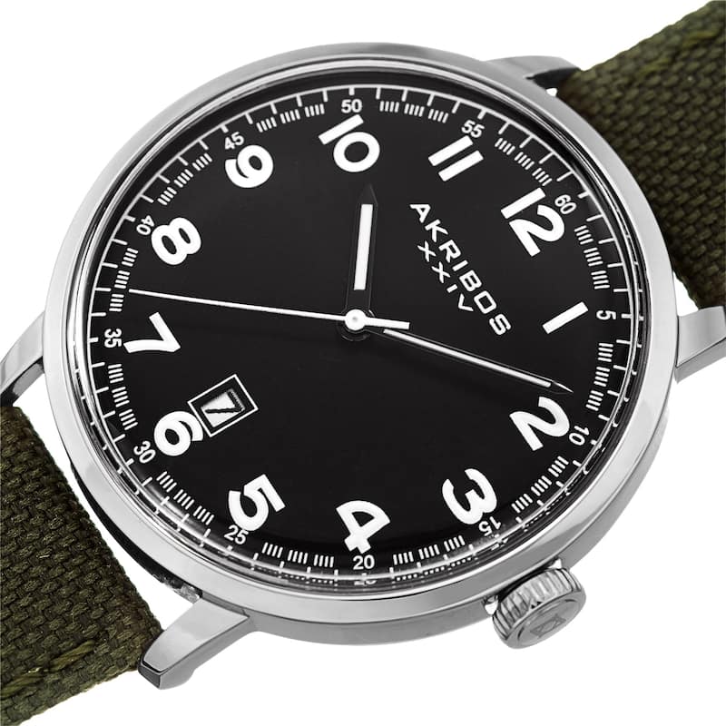 Akribos XXIV Men's Date Olive Green Canvas Leather Strap Watch