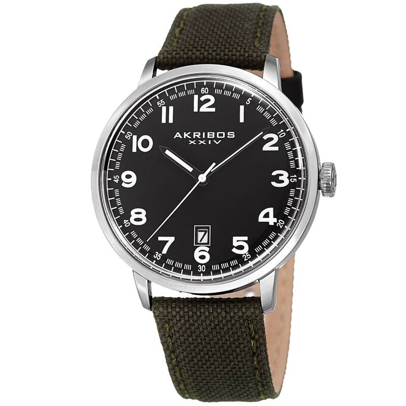 Akribos XXIV Men's Date Olive Green Canvas Leather Strap Watch
