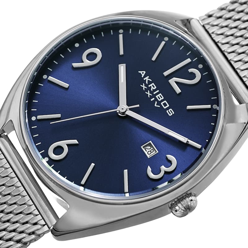 Akribos XXIV Men's Date Silver-Tone Stainless Steel Mesh Strap Watch
