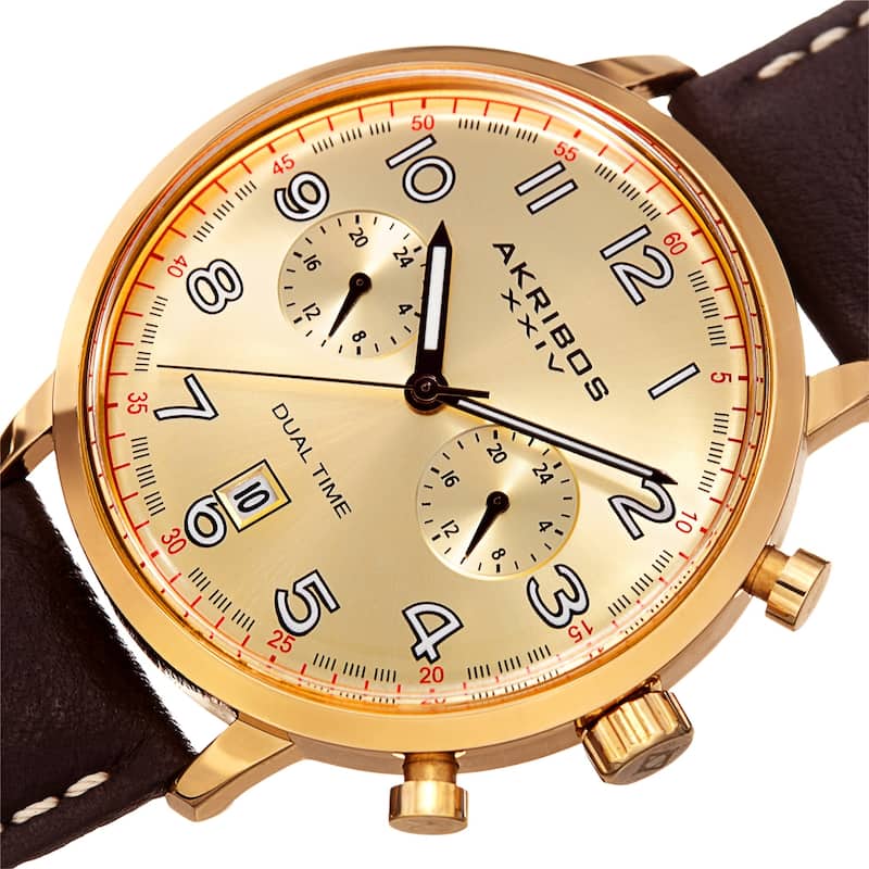 Akribos XXIV Men's Chronograph Date Brown Leather Strap Watch