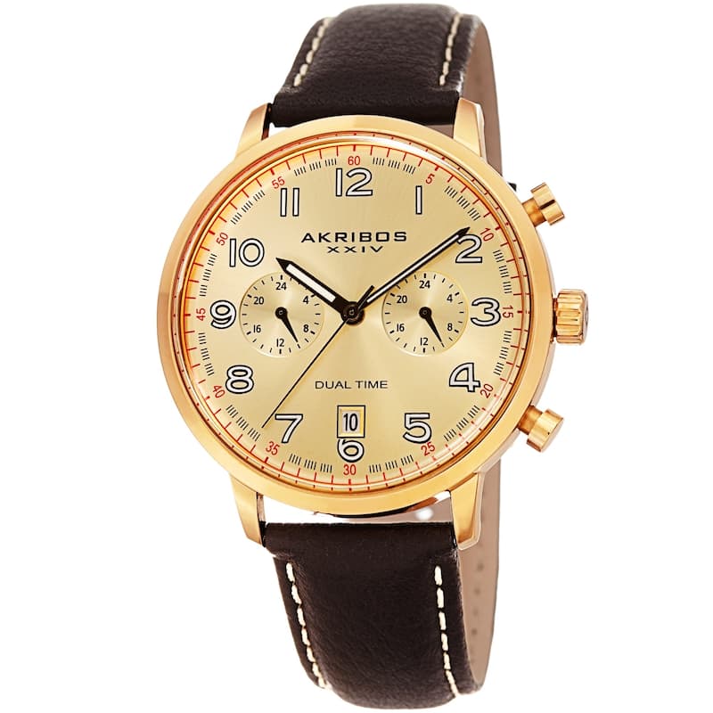 Akribos XXIV Men's Chronograph Date Brown Leather Strap Watch