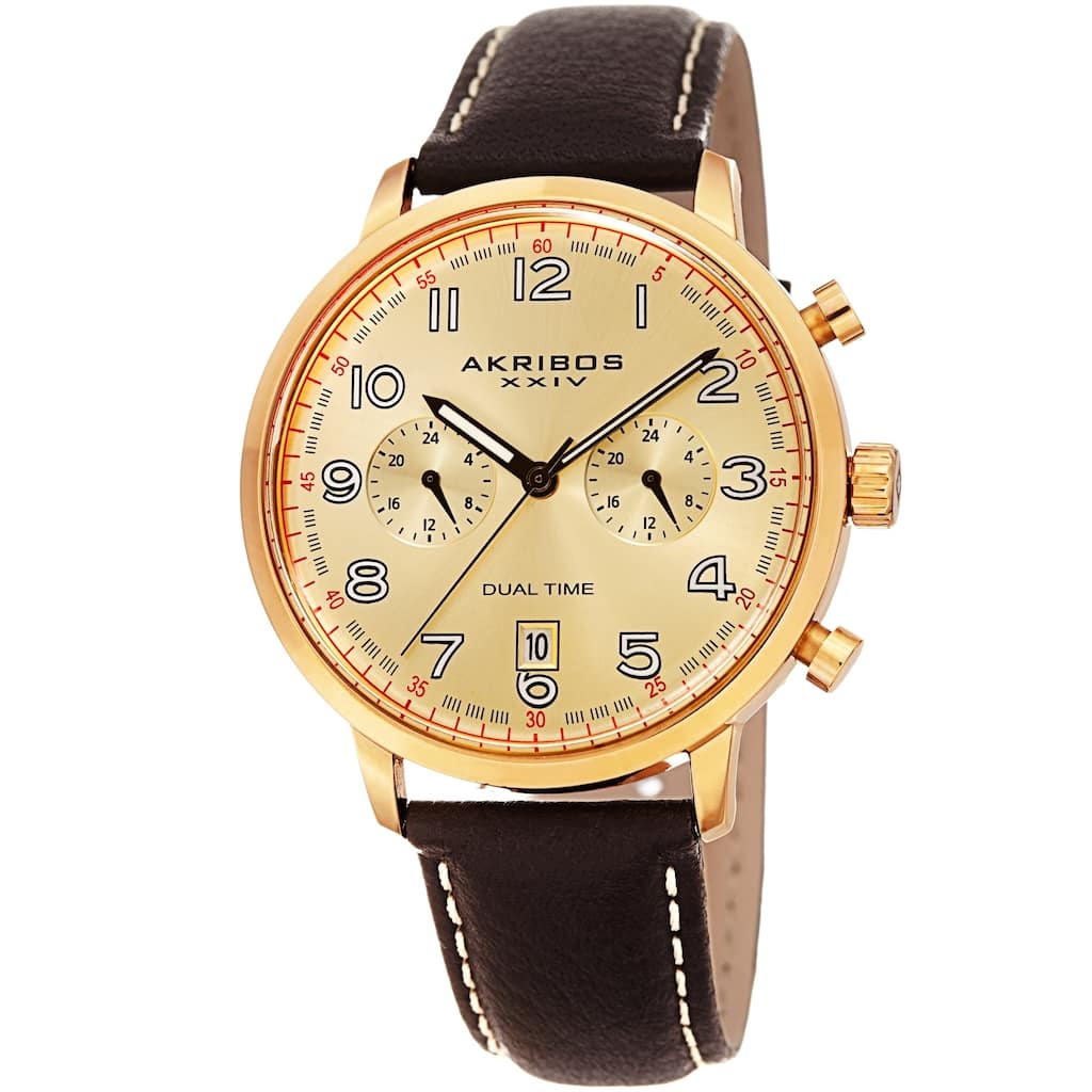 Akribos XXIV Men's Chronograph Date Brown Leather Strap Watch