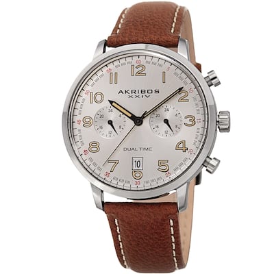 Akribos XXIV Men's Chronograph Date Brown Leather Strap Watch