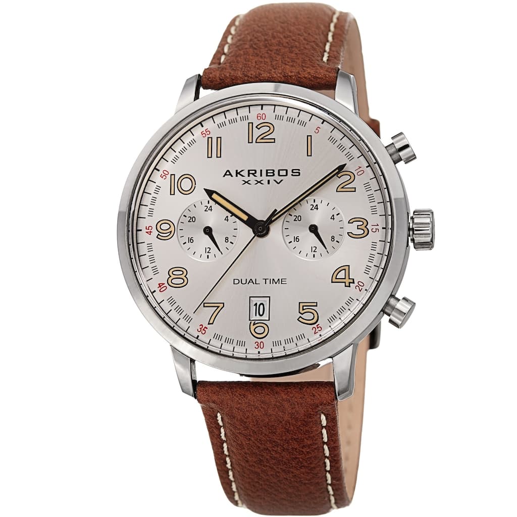 Akribos XXIV Men's Chronograph Date Brown Leather Strap Watch