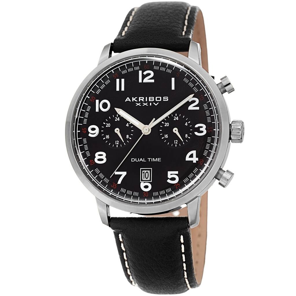 Akribos XXIV Men's Chronograph Date Black Leather Strap Watch