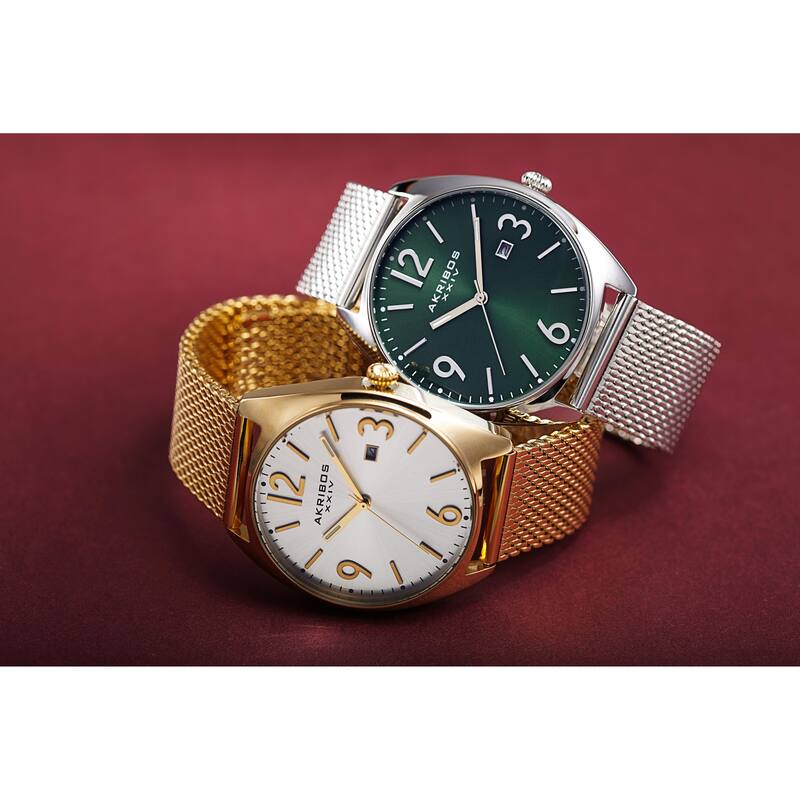 Akribos XXIV Men's Date Green Stainless Steel Mesh Strap Watch