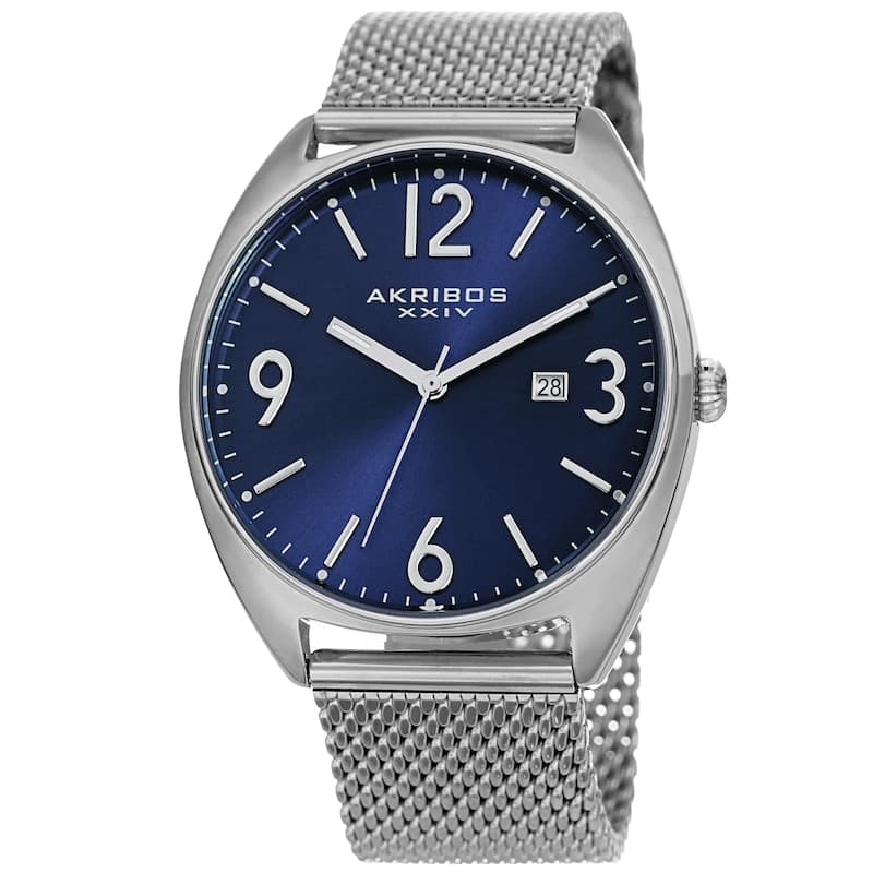 Akribos XXIV Men's Date Green Stainless Steel Mesh Strap Watch - Blue - Silver-Tone - Silver-Tone