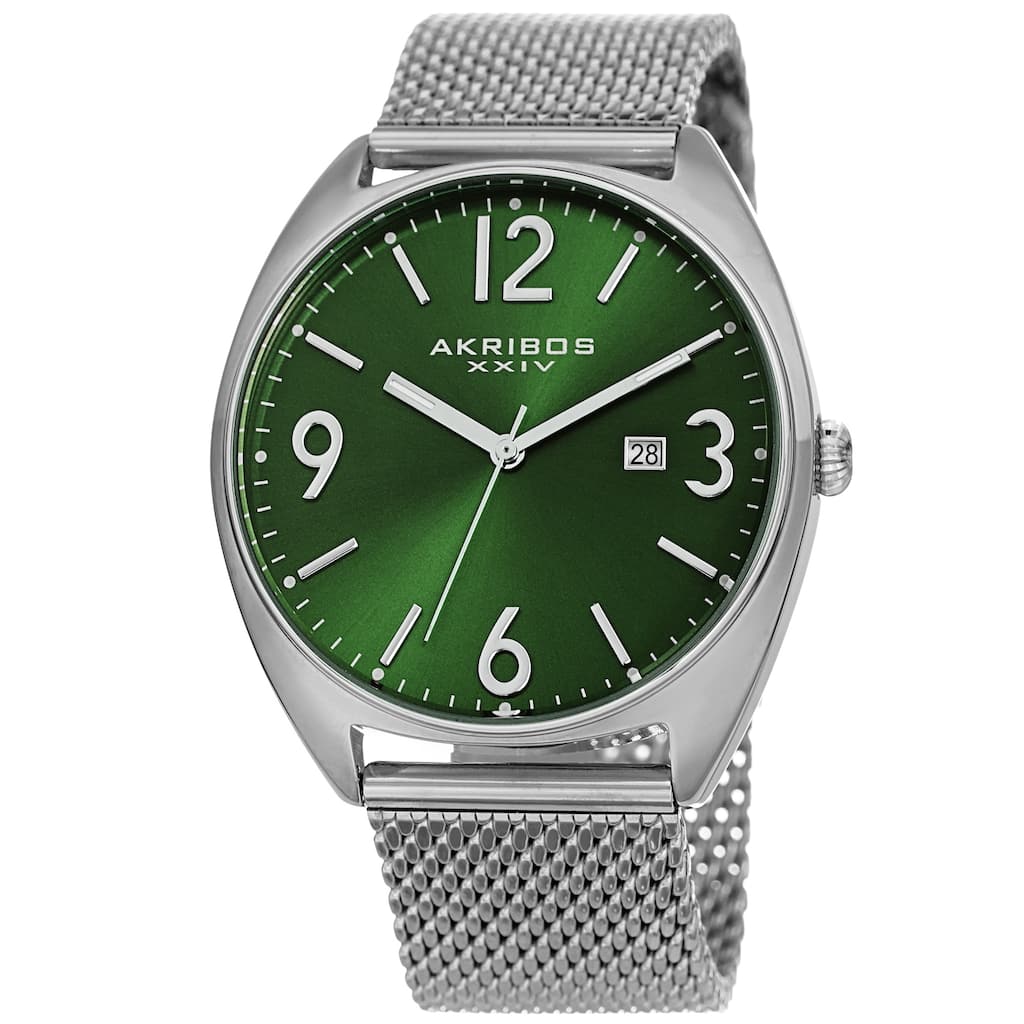 Akribos XXIV Men's Date Green Stainless Steel Mesh Strap Watch