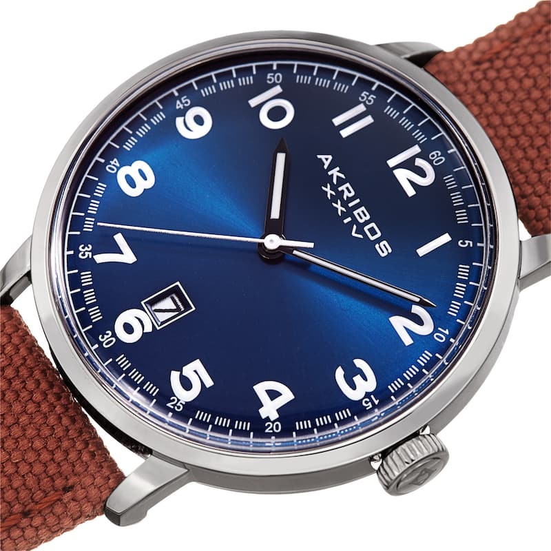 Akribos XXIV Men's Date Brown Canvas Leather Strap Watch