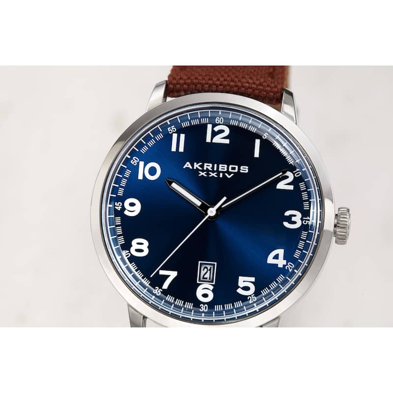 Akribos XXIV Men's Date Brown Canvas Leather Strap Watch
