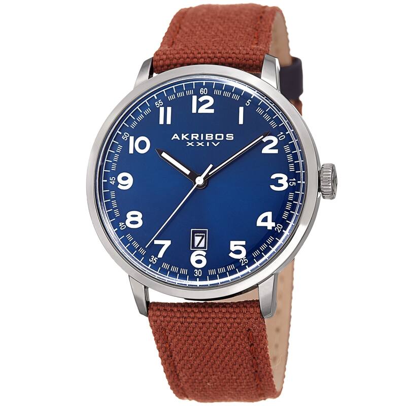 Akribos XXIV Men's Date Brown Canvas Leather Strap Watch