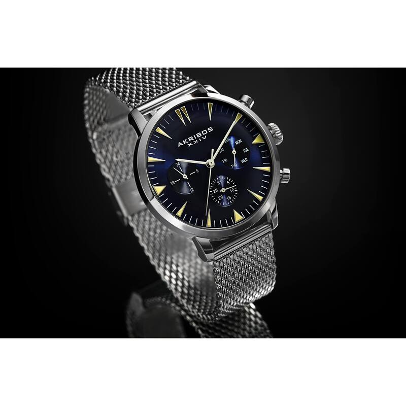 Akribos XXIV Men's Day Date Stainless Steel Silver-Tone Mesh Strap Watch