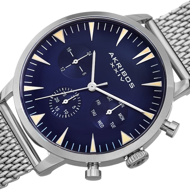 Akribos XXIV Men's Day Date Stainless Steel Silver-Tone Mesh Strap Watch