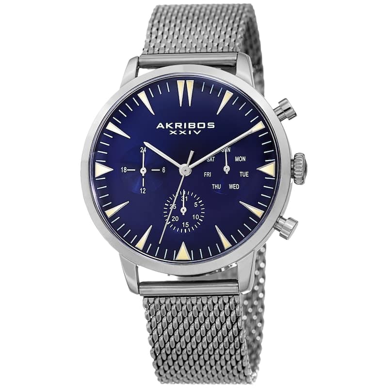 Akribos XXIV Men's Day Date Stainless Steel Silver-Tone Mesh Strap Watch