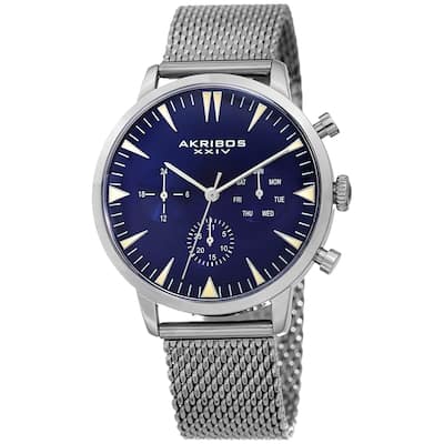 Akribos XXIV Men's Day Date Stainless Steel Silver-Tone Mesh Strap Watch