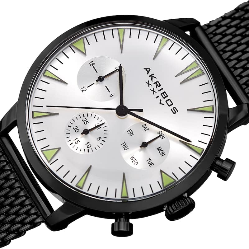Akribos XXIV Men's Day Date Stainless Steel Black Mesh Strap Watch