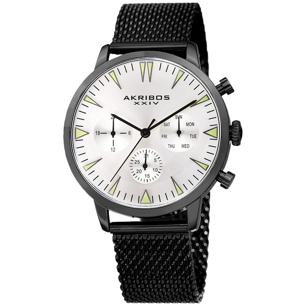 Akribos XXIV Men's Day Date Stainless Steel Black Mesh Strap Watch