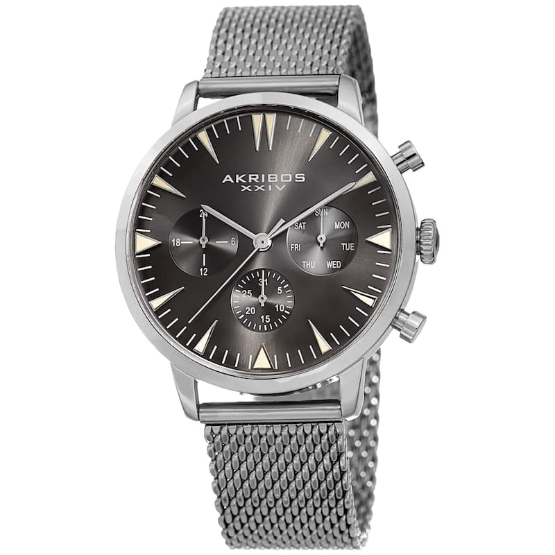 Akribos XXIV Men's Grey Day Date Stainless Steel Mesh Strap Watch