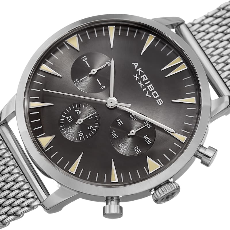 Akribos XXIV Men's Grey Day Date Stainless Steel Mesh Strap Watch