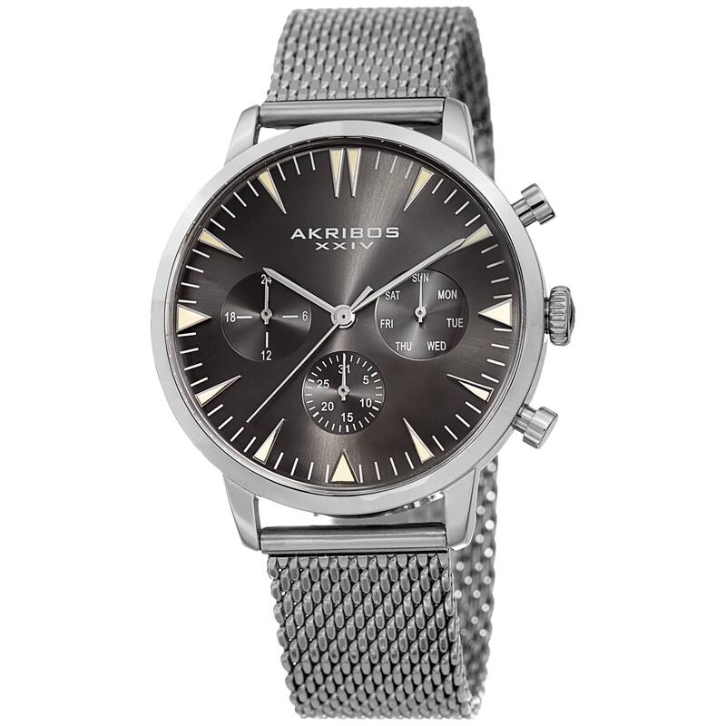 Akribos XXIV Men's Grey Day Date Stainless Steel Mesh Strap Watch