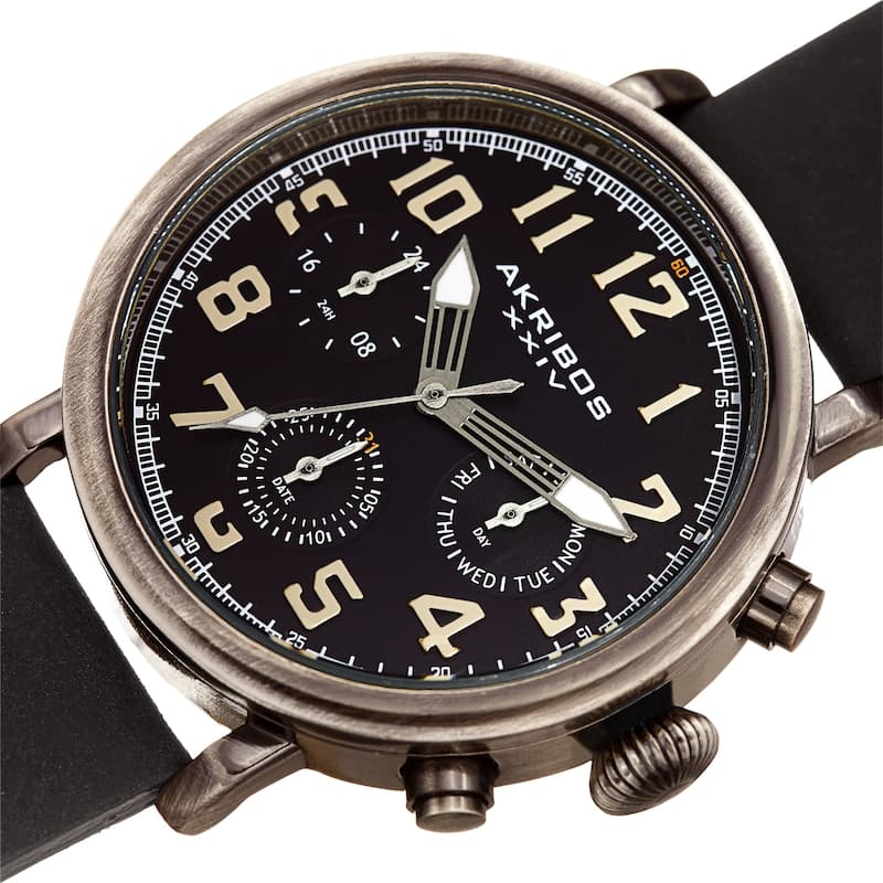 Akribos XXIV Men's Ancient Black Chronograph Date Leather Strap Watch