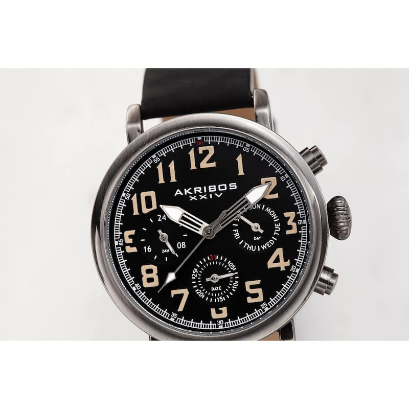 Akribos XXIV Men's Ancient Black Chronograph Date Leather Strap Watch