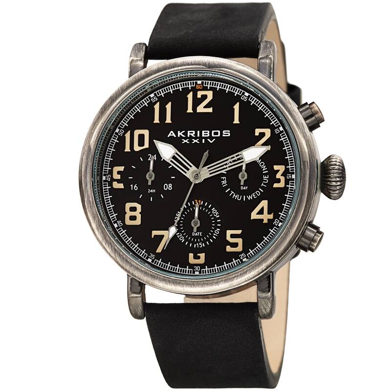 Akribos XXIV Men's Ancient Black Chronograph Date Leather Strap Watch