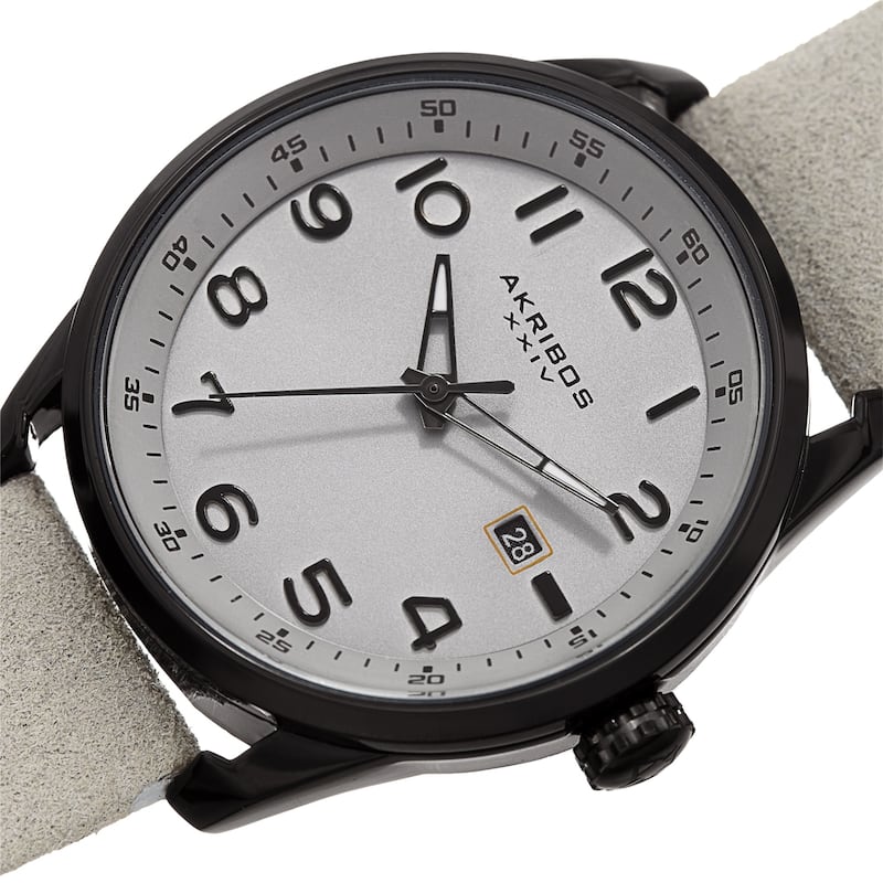 Akribos XXIV Men's Grey Date Easy-to-Read Leather Suede Strap Watch