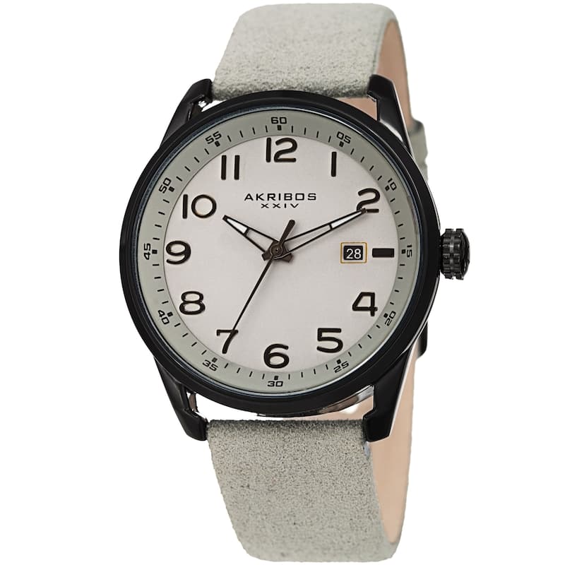 Akribos XXIV Men's Grey Date Easy-to-Read Leather Suede Strap Watch