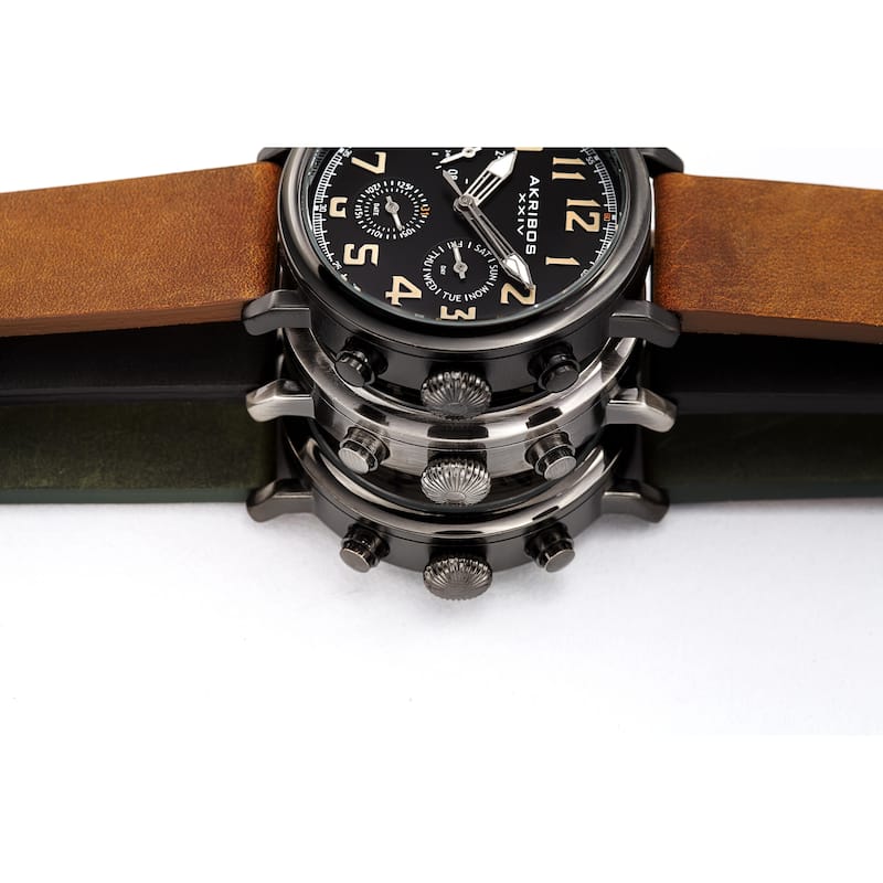 Akribos XXIV Men's Brown Chronograph Date Leather Strap Watch