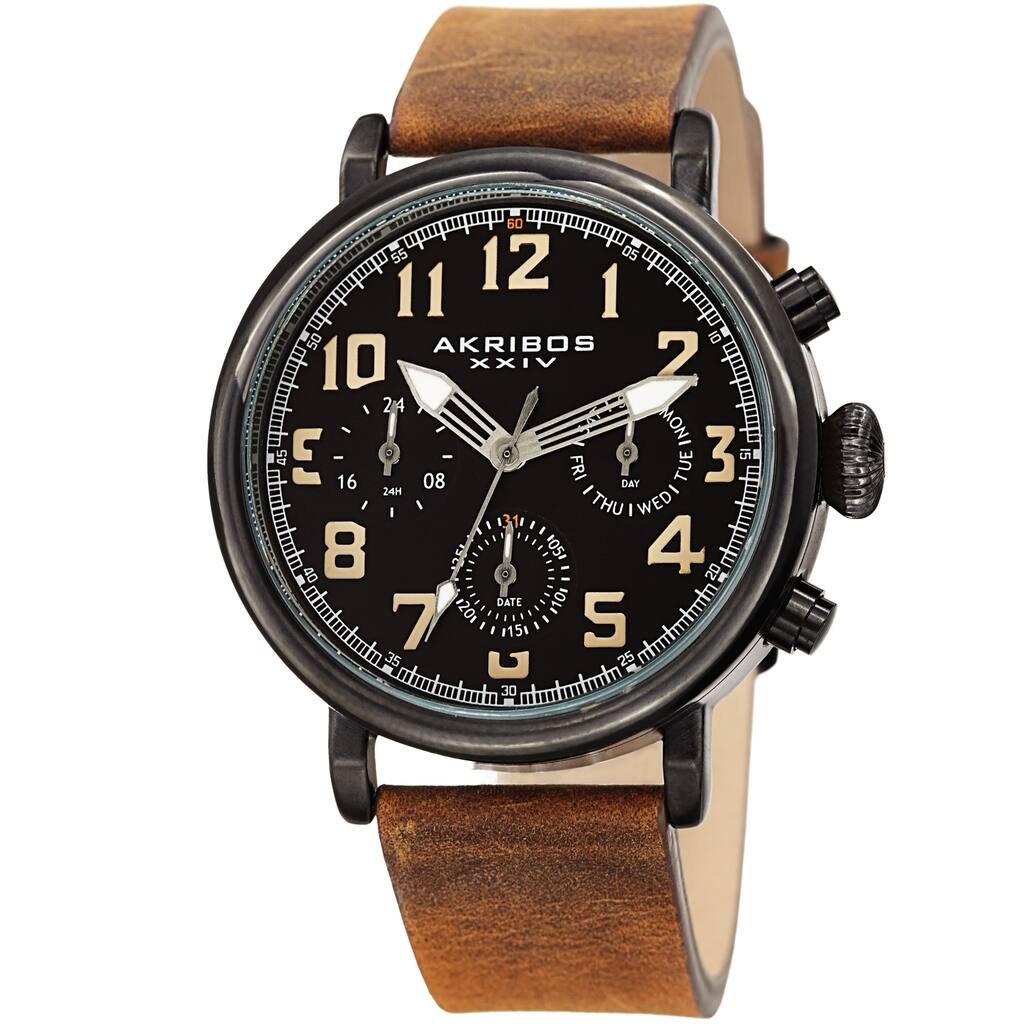 Akribos XXIV Men's Brown Chronograph Date Leather Strap Watch