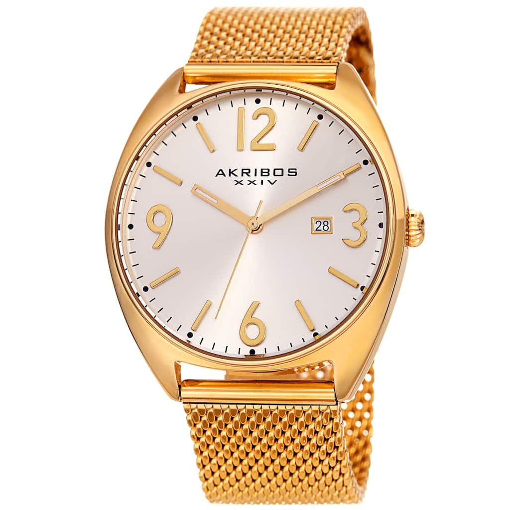 Akribos XXIV Men's Date Gold-Tone Stainless Steel Mesh Strap Watch