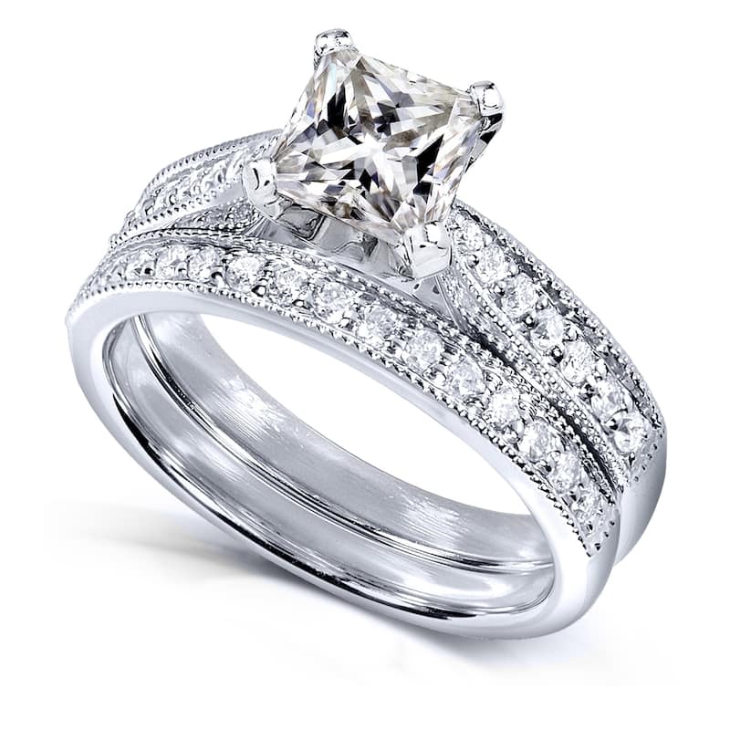 Annello by Kobelli Princess Moissanite and Diamond Vintage Bridal Set 1 4/5 CTW 14k White Gold