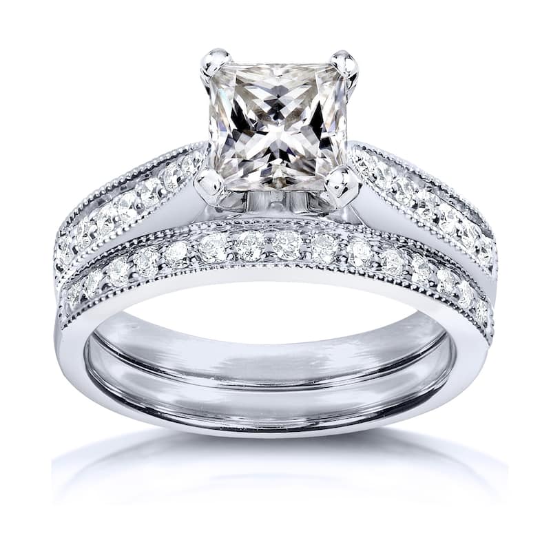 Annello by Kobelli Princess Moissanite and Diamond Vintage Bridal Set 1 4/5 CTW 14k White Gold