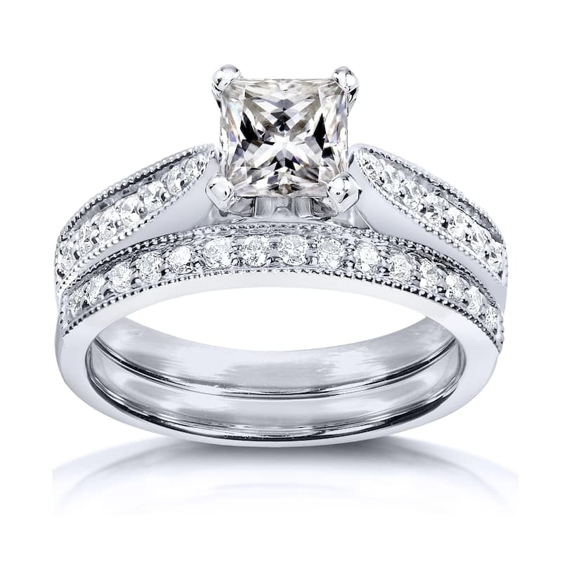 Annello by Kobelli Princess Moissanite and Diamond Vintage Bridal Set 1 1/4 CTW 14k White Gold