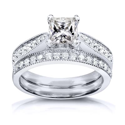 Annello by Kobelli Princess Moissanite and Diamond Vintage Bridal Set 1 1/4 CTW 14k White Gold