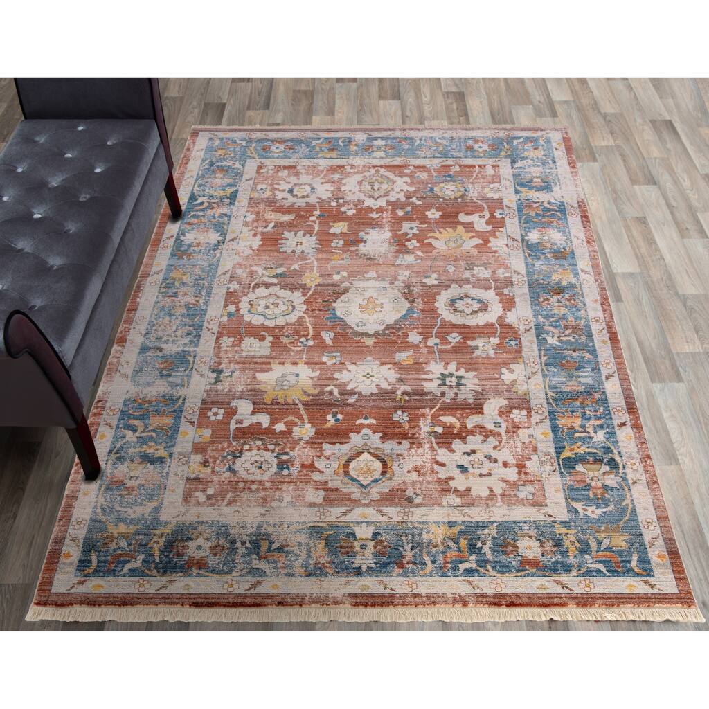 Rutherford Red Area Rug with Blue Border - 5'3"x7'7"