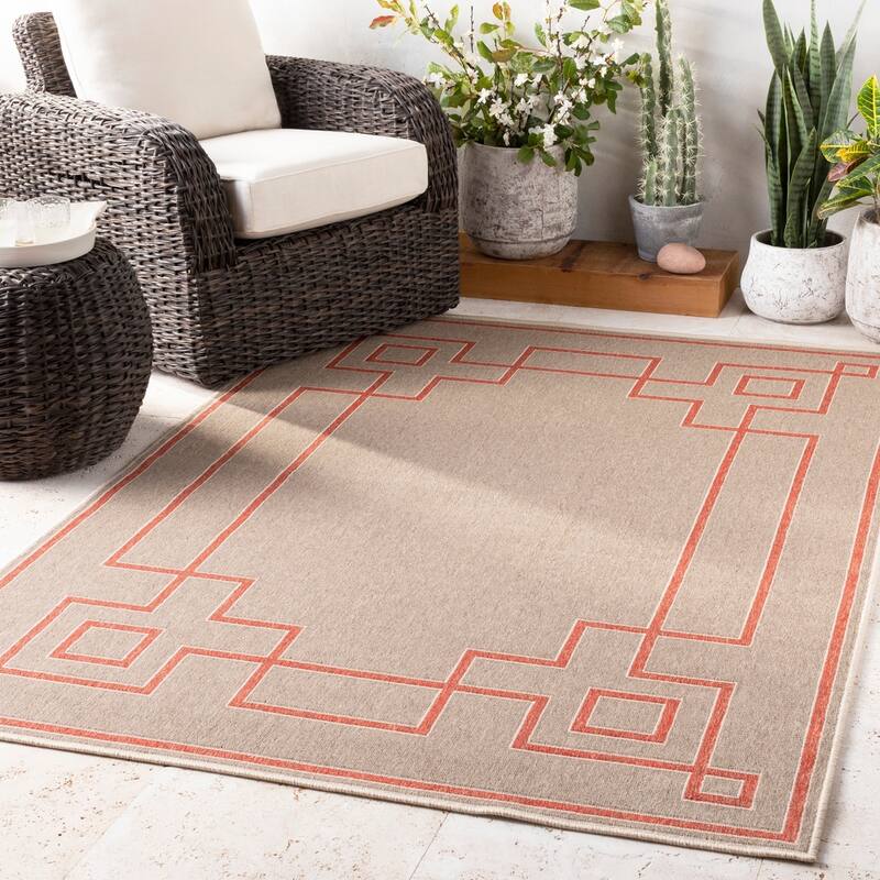 Livabliss Odette Greek Key Border Indoor/ Outdoor Area Rug - 8'9" x 12'9" - Beige/Red