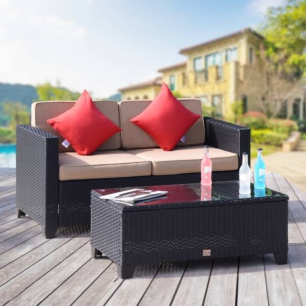 2 Pc Rattan Furniture Bistro Set Outdoor Wicker Patio Garden Loveseat Glass Top Table Black Rattan With Khaki Cushions Overstock 20755184