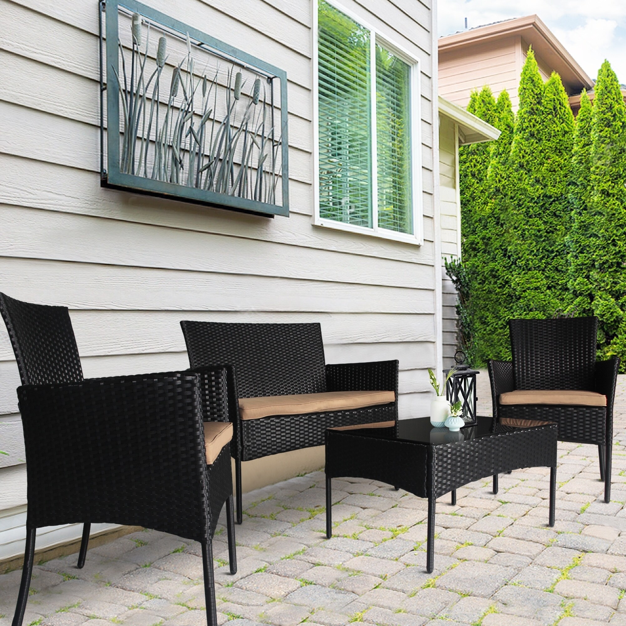 Shop 4 Pc Patio Pe Rattan Wicker Backyard Sectional Furniture Set Outdoor Patio Garden Furniture Set Black Rattan Khaki Cushions Overstock 20755197