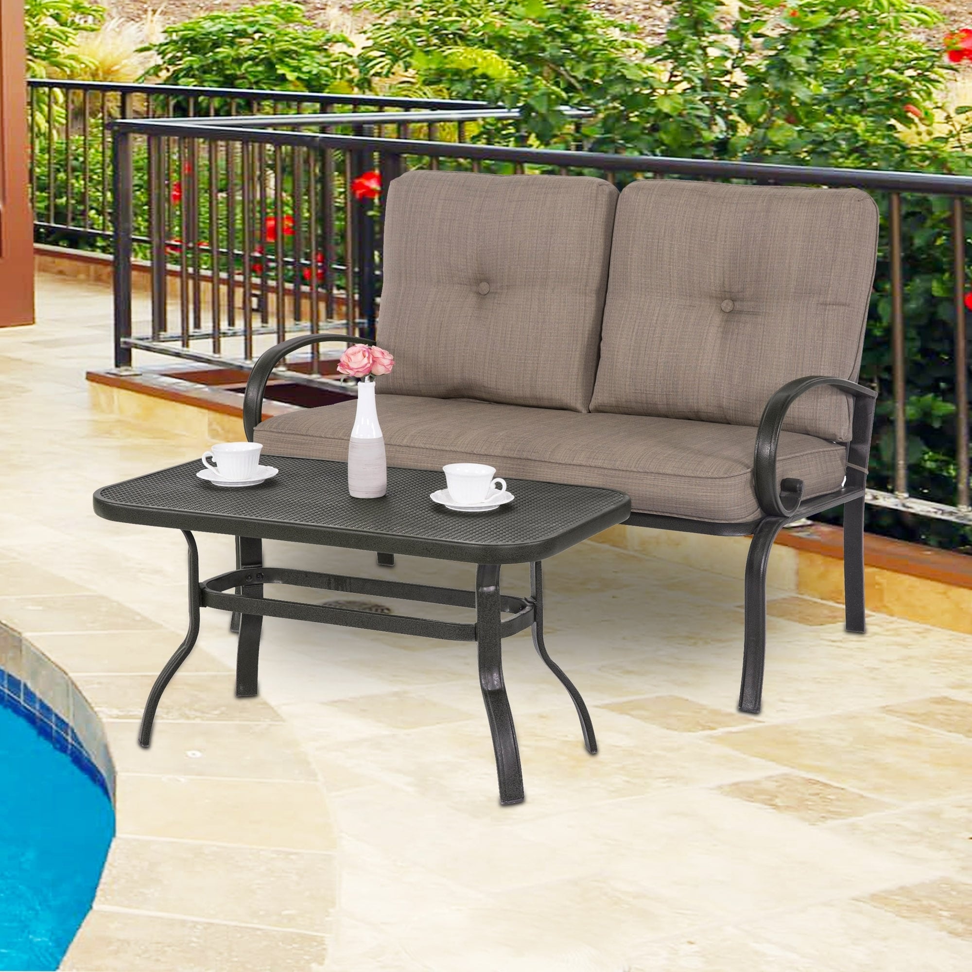 2 Piece Outdoor Loveseat Furniture Bistro Set Garden Patio Metal Coffee Table Bench Sofa With Cushions
